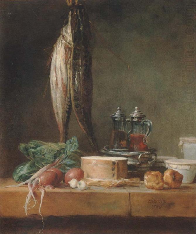 Style life with fish, Grunzeug, Gougeres shot el as well as oil and vinegar pennant on a table, Jean Baptiste Simeon Chardin